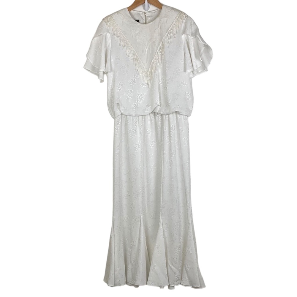 Vintage White Floral Jacquard Satin Garden Party Dress - Picture 2 of 16